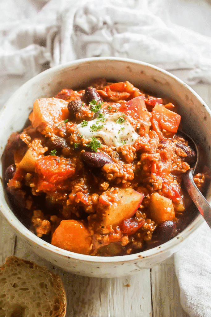 Hearty bowl of turkey apple chili with beans, carrots, and apples