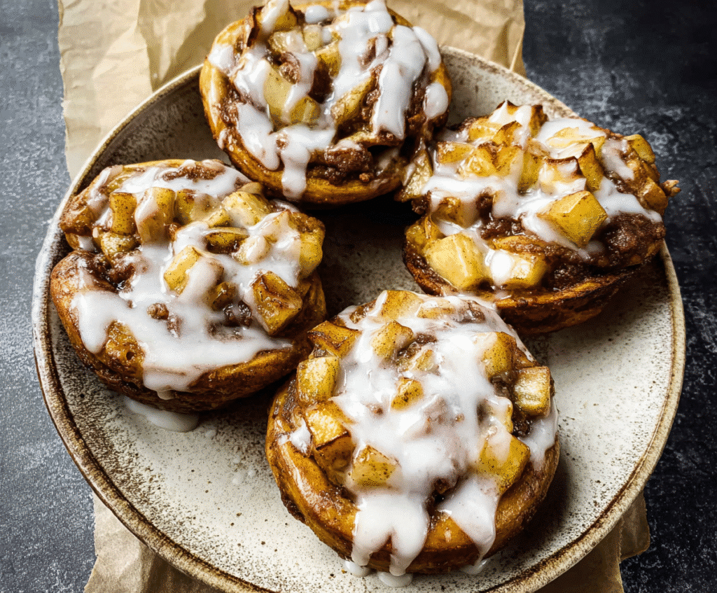 Drizzling icing over Cinnamon Roll Apple Pie bites on a plate