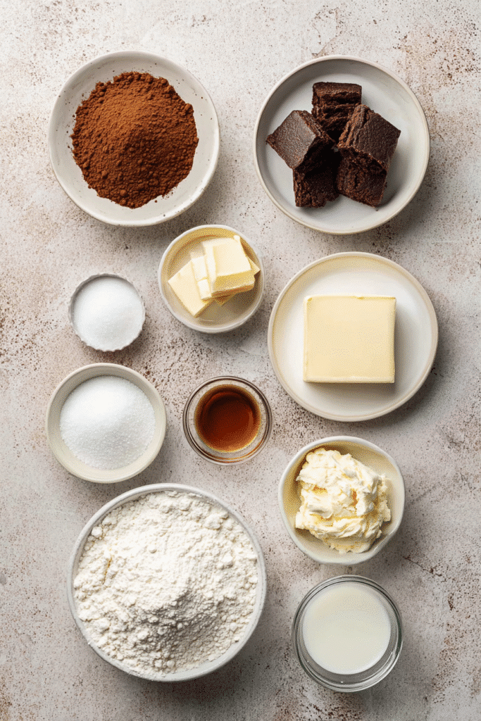Brownie batter dip recipe ingredients arranged in bowls on stone background