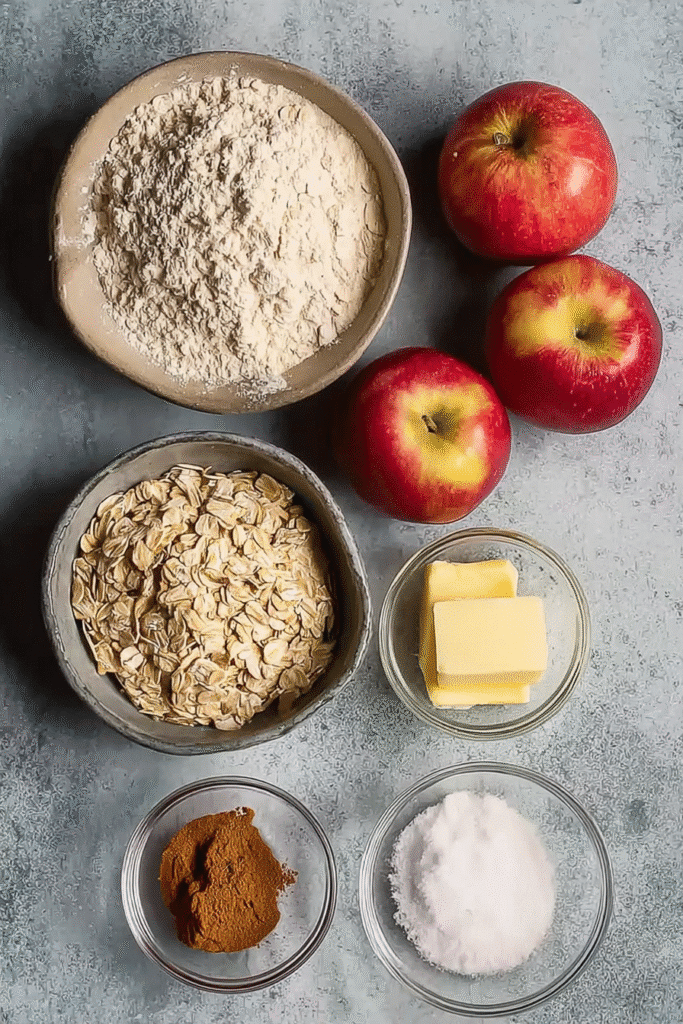 Simple apple crumble ingredients including apples, oats, flour, cinnamon, sugar, and butter.