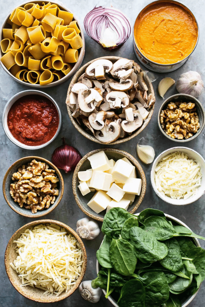 Fresh ingredients for pumpkin pasta bake including rigatoni, pumpkin purée, spinach, mushrooms, onions, garlic, walnuts, and cheese.