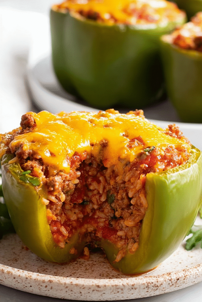 Cut stuffed bell pepper showing juicy beef, rice, and tomato filling with melted cheddar on a white plate.