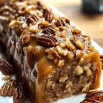 3-Ingredient Pecan Log topped with caramel and pecans on a white serving plate.
