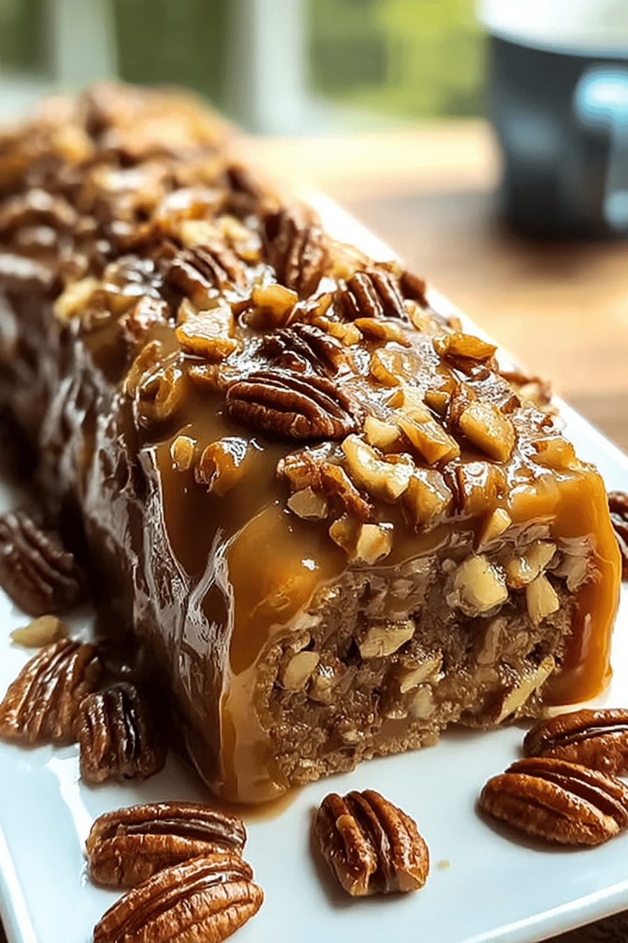 3-Ingredient Pecan Log topped with caramel and pecans on a white serving plate.