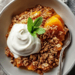 Bowl of pumpkin crisp topped with whipped cream and a mint leaf, featuring golden oat crumble and soft caramelized pumpkin filling.