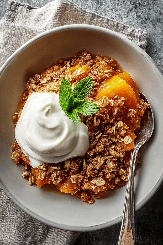 Bowl of pumpkin crisp topped with whipped cream and a mint leaf, featuring golden oat crumble and soft caramelized pumpkin filling.