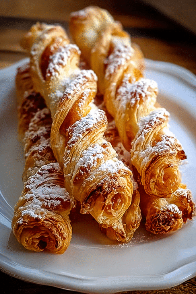 Golden pumpkin pie twists made with flaky puff pastry, filled with spiced pumpkin puree and dusted with powdered sugar.