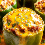 Cheesy stuffed bell peppers filled with ground beef and topped with melted cheddar – a delicious stuffed bell peppers recipe.