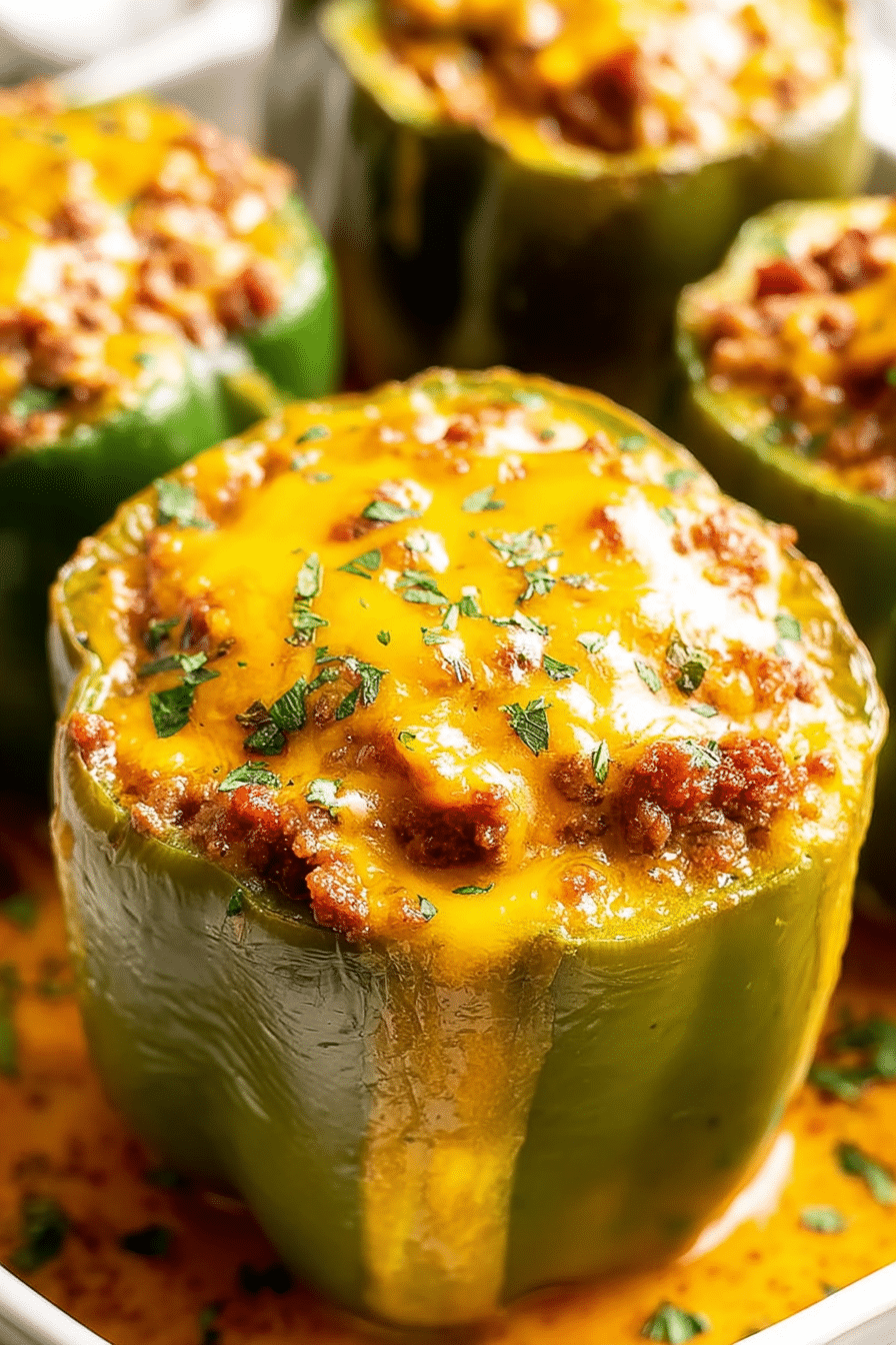 Cheesy stuffed bell peppers filled with ground beef and topped with melted cheddar – a delicious stuffed bell peppers recipe.