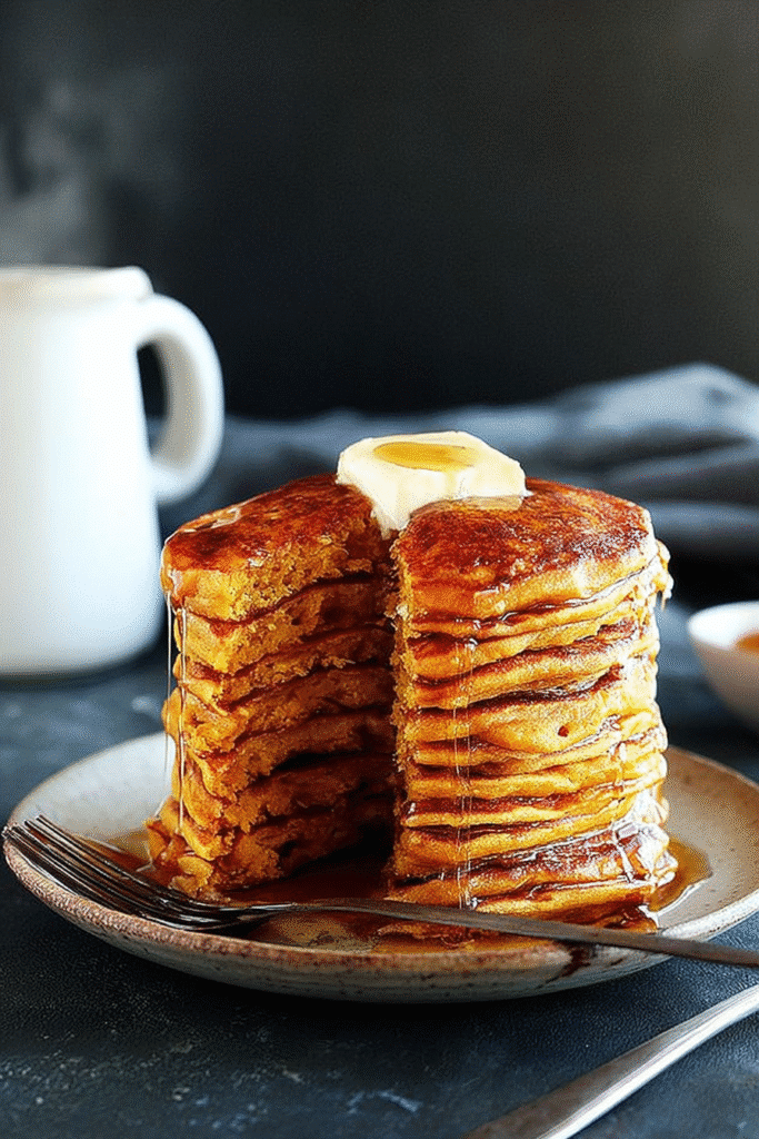 Stack of fluffy pumpkin pancakes with butter and maple syrup on a rustic plate.