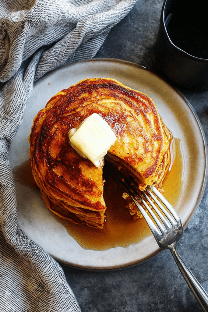 Stack of fluffy pumpkin pancakes with butter and maple syrup on a rustic plate.