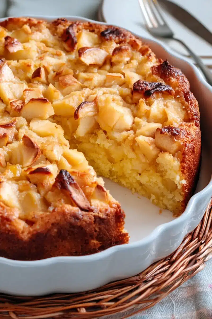 Close-up of a rustic Italian apple cake in a white dish