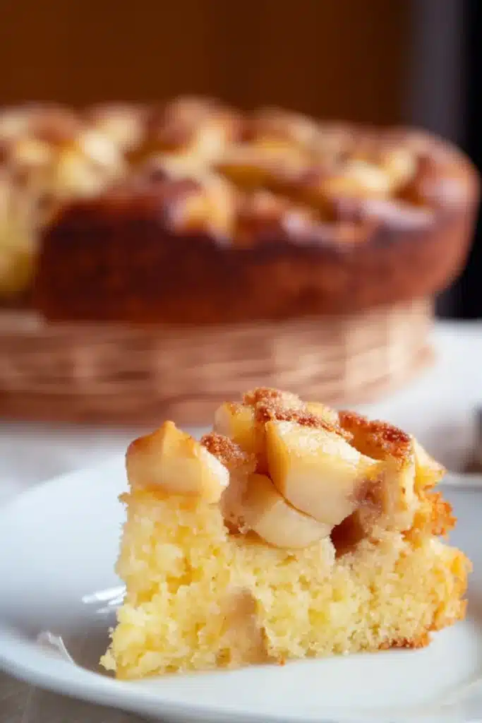 Slice of homemade Italian apple cake with caramelized apples on top.