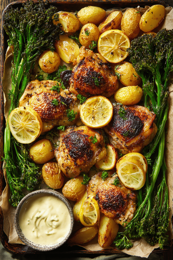 Lemon garlic chicken thighs with potatoes, broccoli, and creamy herb sauce