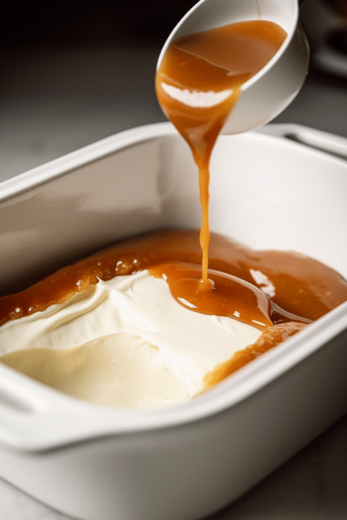 Spreading caramel sauce over cream cheese in a white dish