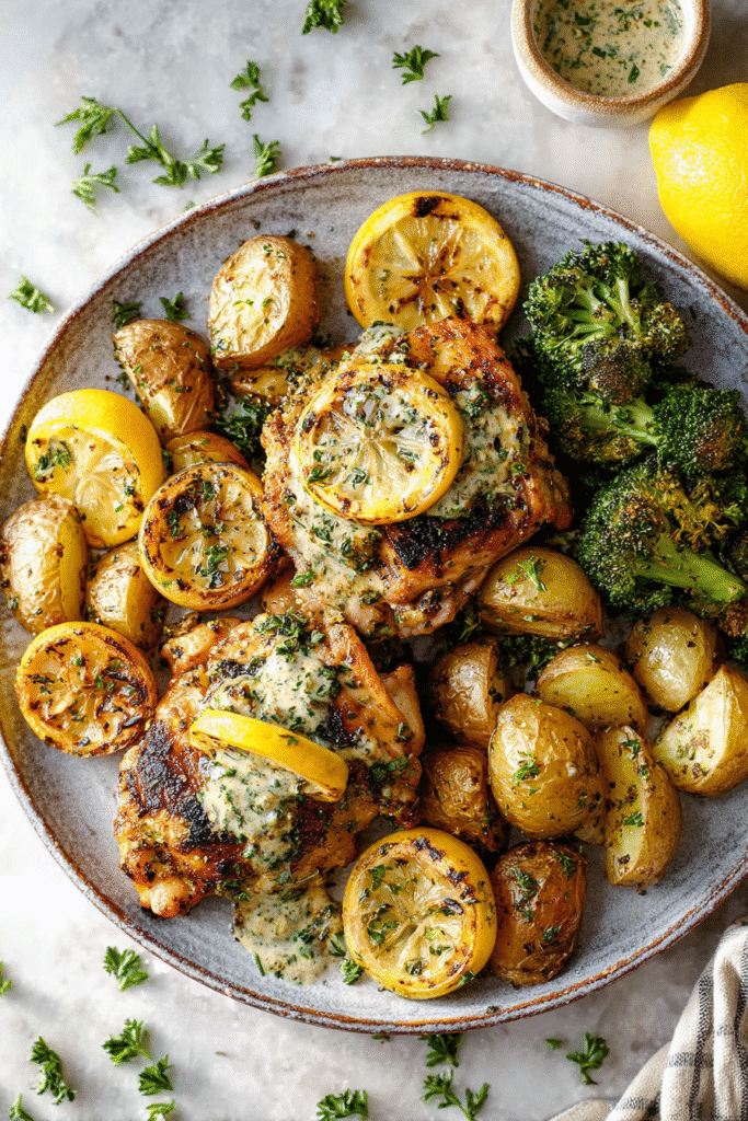 Plated lemon garlic chicken thighs with potatoes, broccoli, and herb sauce