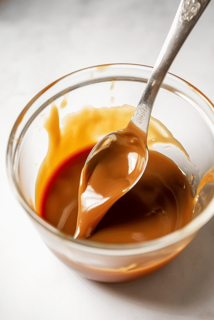 Warm melted caramel sauce in a glass measuring cup with spoon
