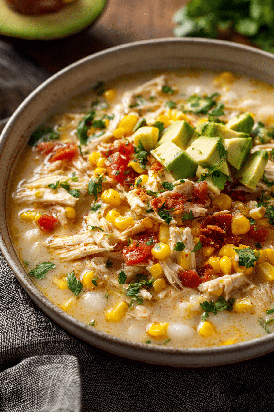 Creamy Mexican Street Corn White Chicken Chili with tender chicken, sweet corn, avocado, and fresh cilantro.