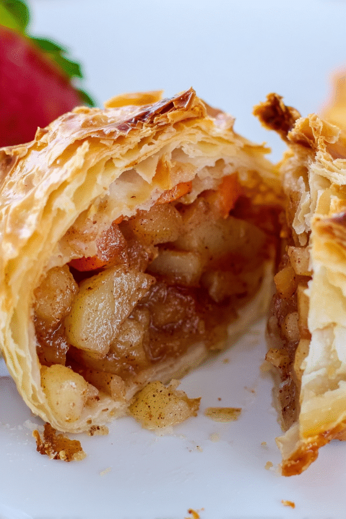 inside of a mini apple pie with flaky crust and cinnamon apple filling
