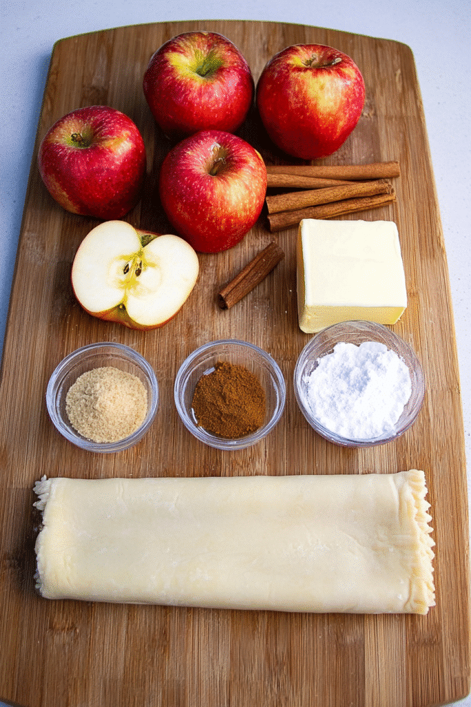 mini apple pies ingredients puff pastry apples sugar butter and cinnamon on a board