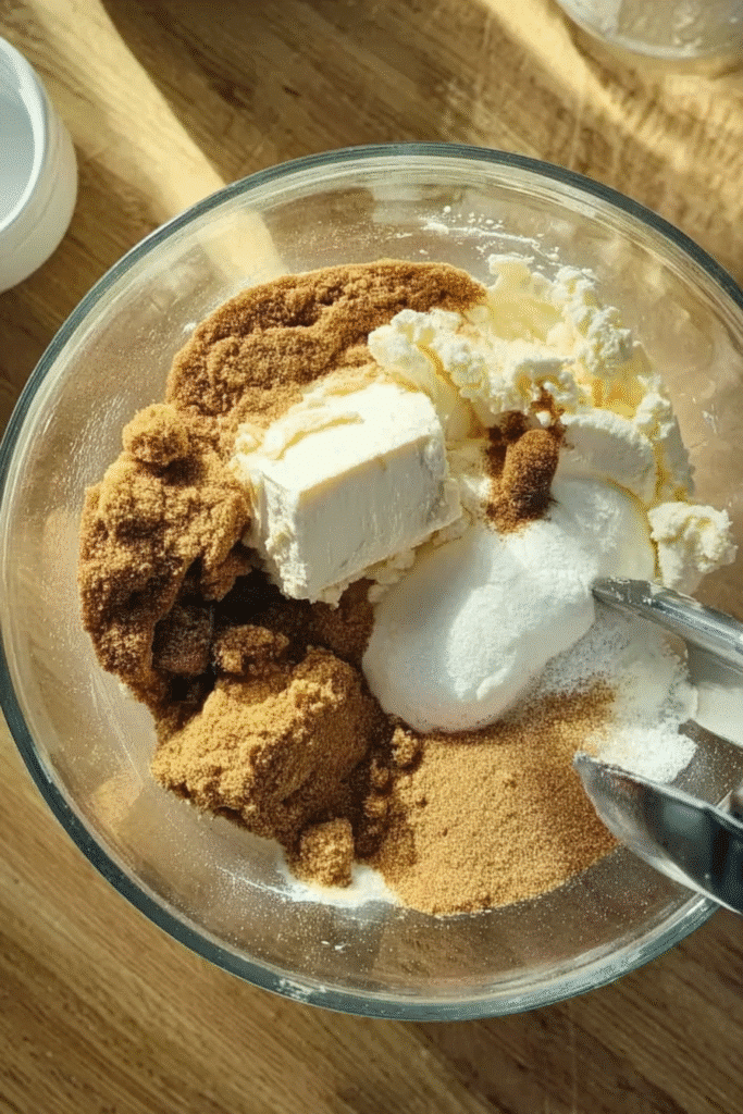 mixing cream cheese brown sugar and spices for apple cider cheesecake