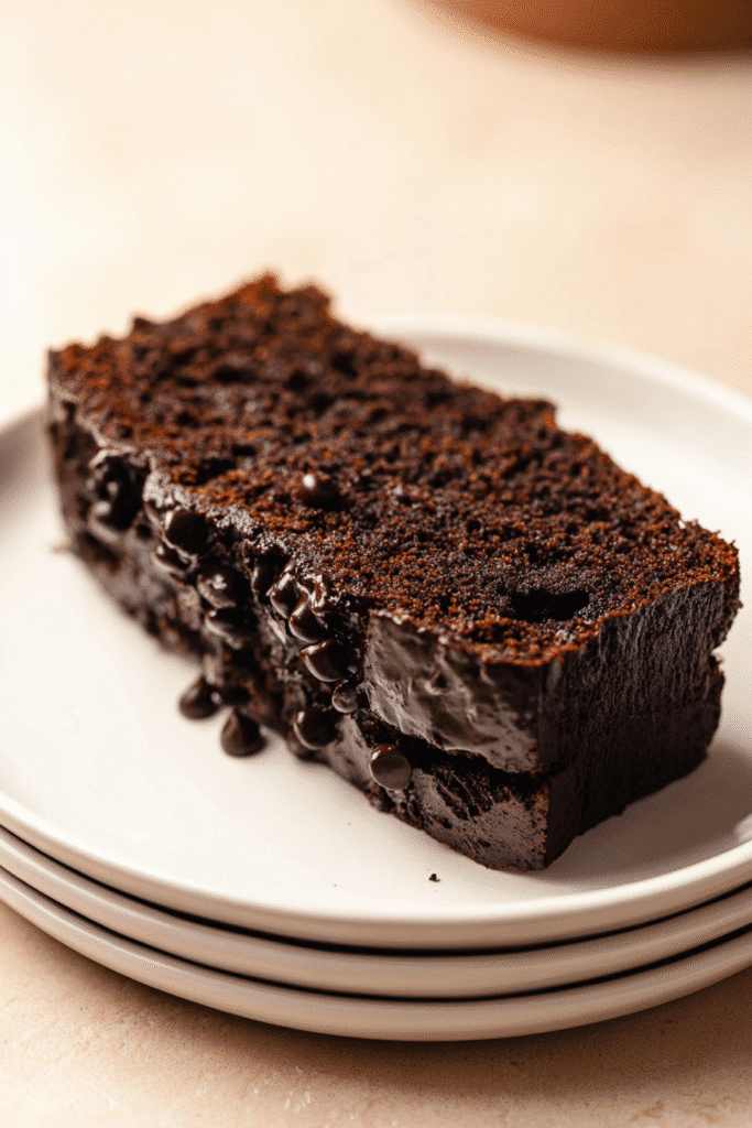 Slice of fudgy chocolate pumpkin bread on a white plate with melty chocolate chips.