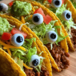 Monster tacos with olive and candy eyeball toppings, filled with beef, lettuce, cheese, and guacamole on a wooden board.