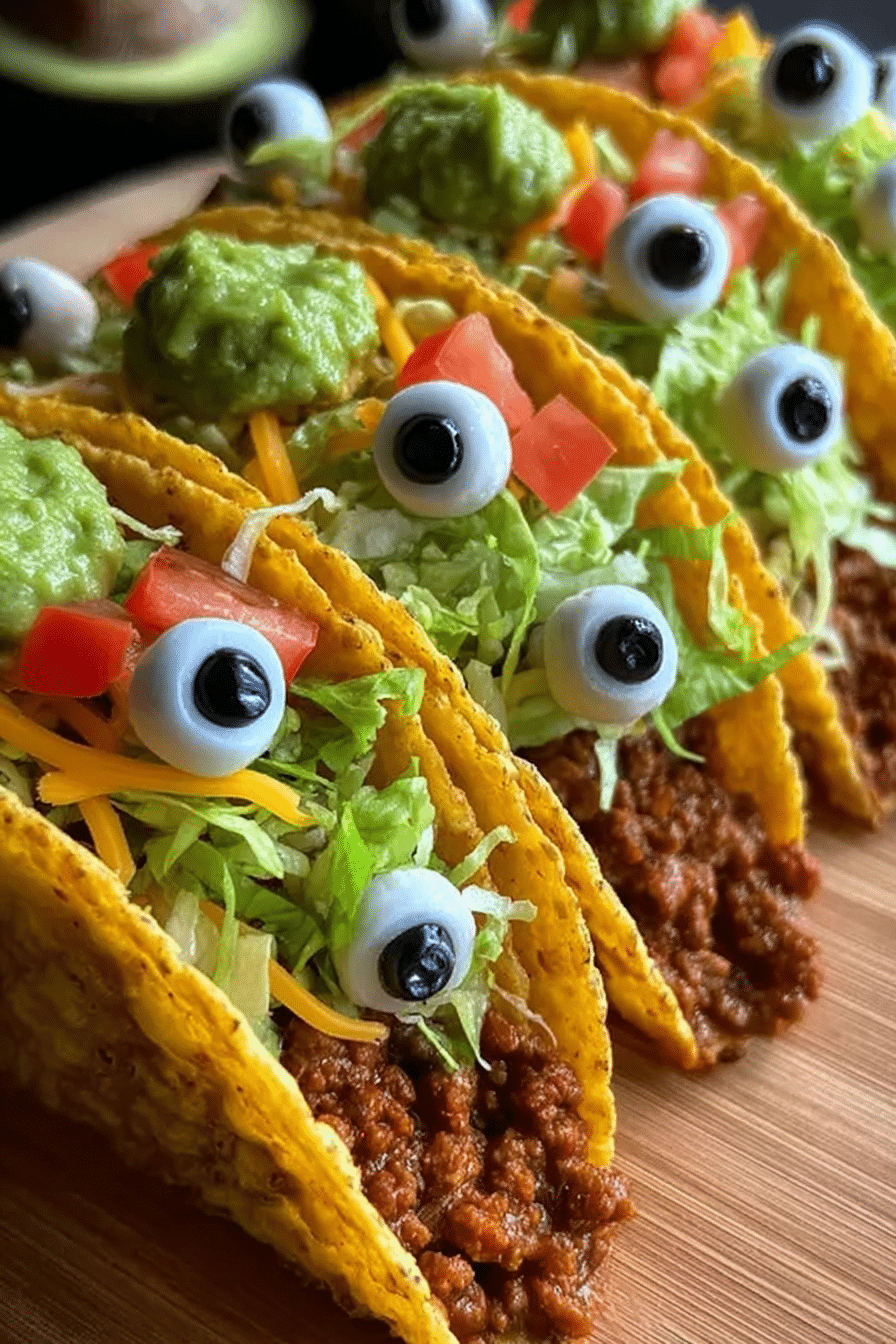 Monster tacos with olive and candy eyeball toppings, filled with beef, lettuce, cheese, and guacamole on a wooden board.