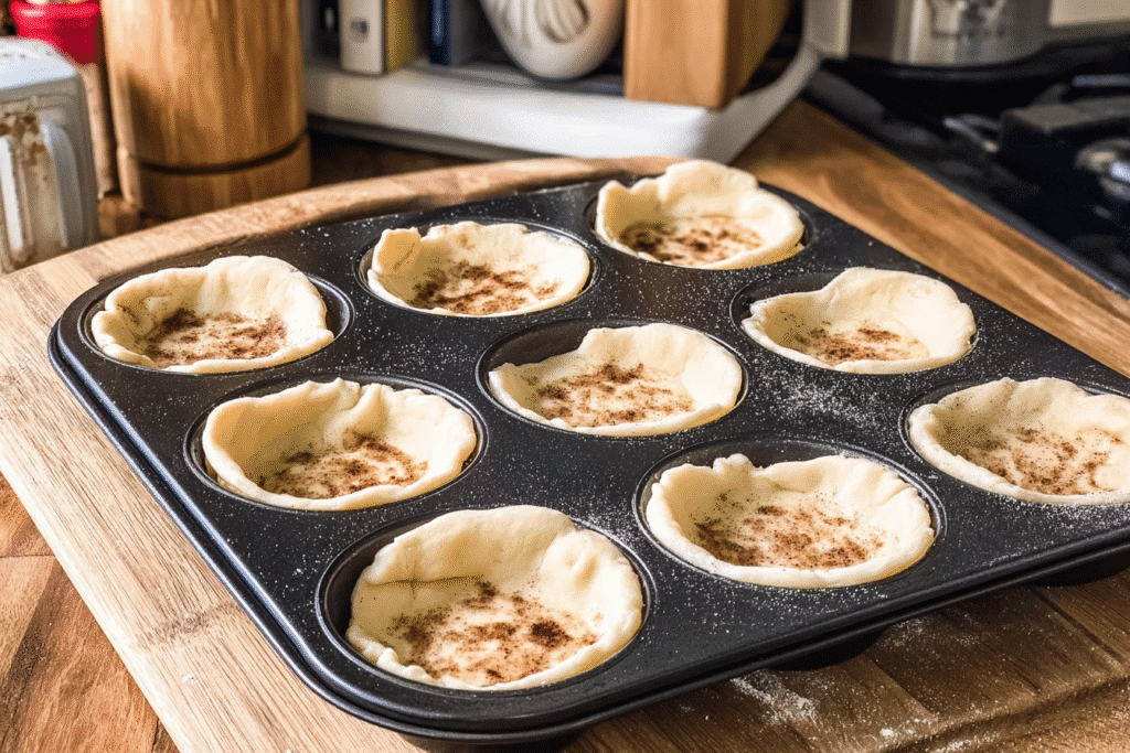 Cinnamon roll dough pressed into muffin tin for Cinnamon Roll Apple Pie