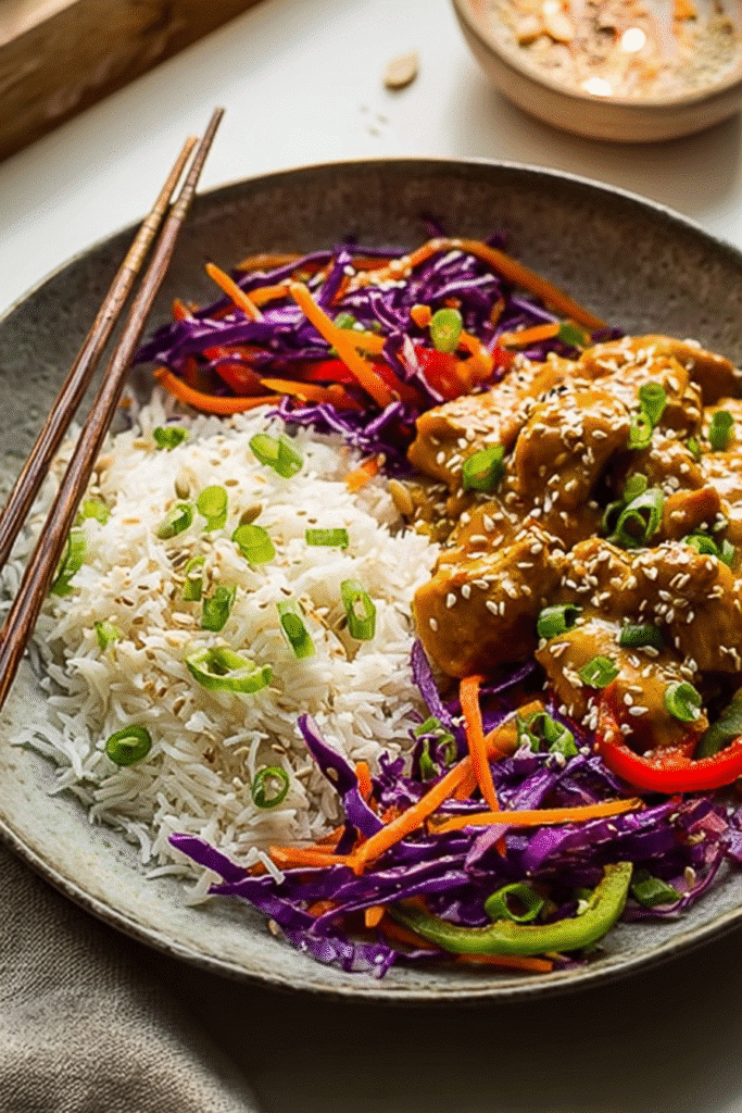 Peanut chicken with rice and colorful slaw in bowl