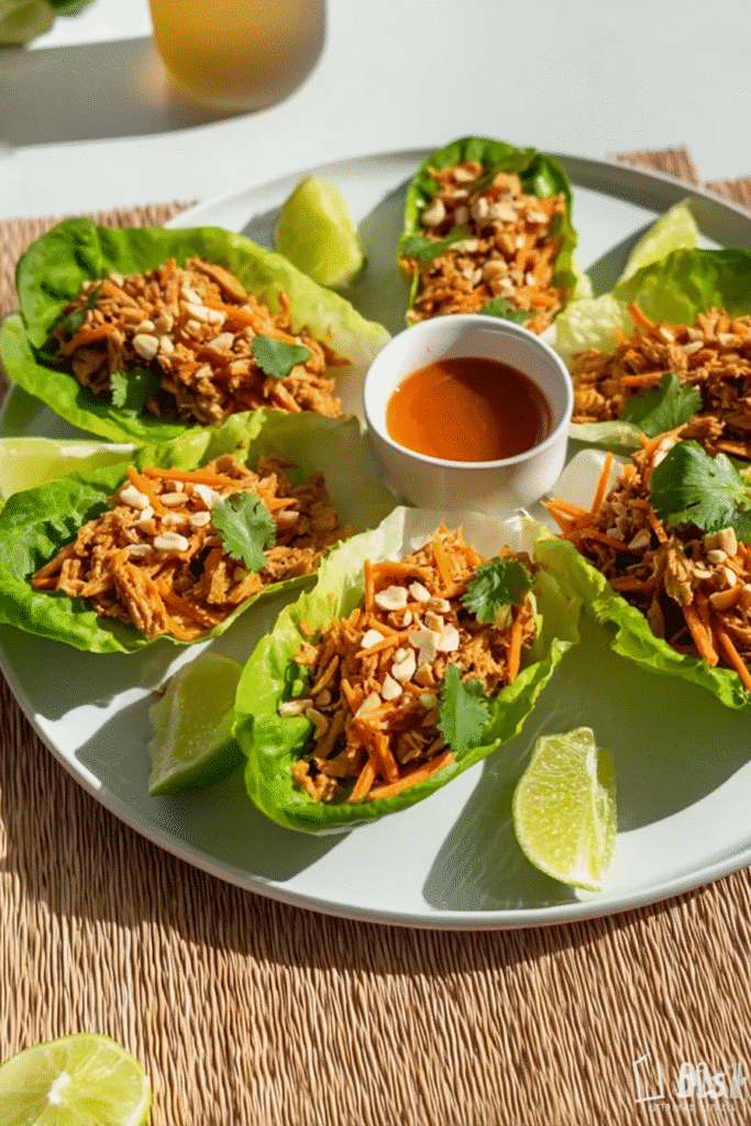 Peanut chicken lettuce wraps with carrots and peanuts