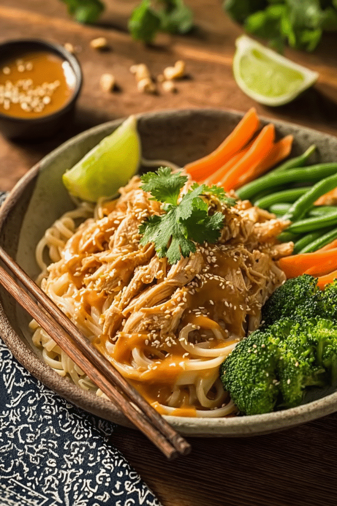Peanut chicken with noodles and vegetables in bowl