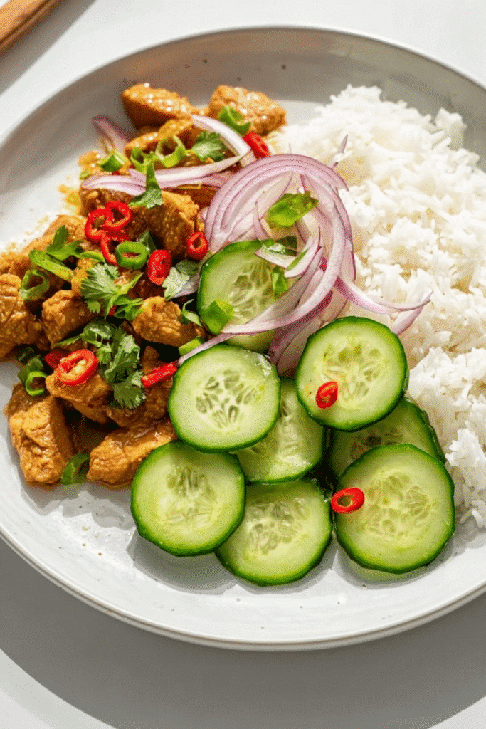 Peanut chicken with rice and cucumber salad on white plate