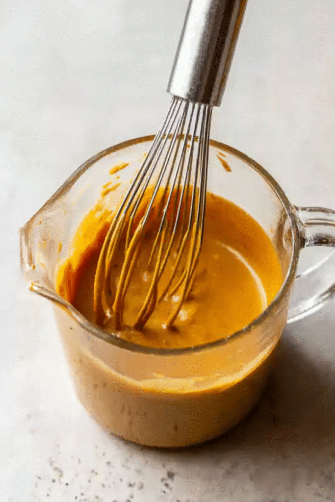 Creamy peanut sauce in glass cup with whisk