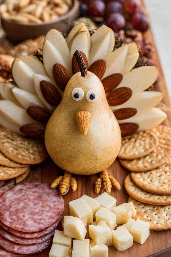 Close-up of pear turkey centerpiece on a Thanksgiving charcuterie board