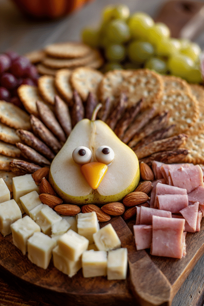Pear turkey centerpiece with almonds and cheese on a Thanksgiving charcuterie board