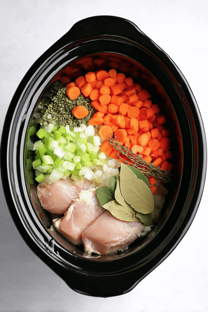 Raw chicken, carrots, celery, onions, and herbs in slow cooker for chicken noodle soup