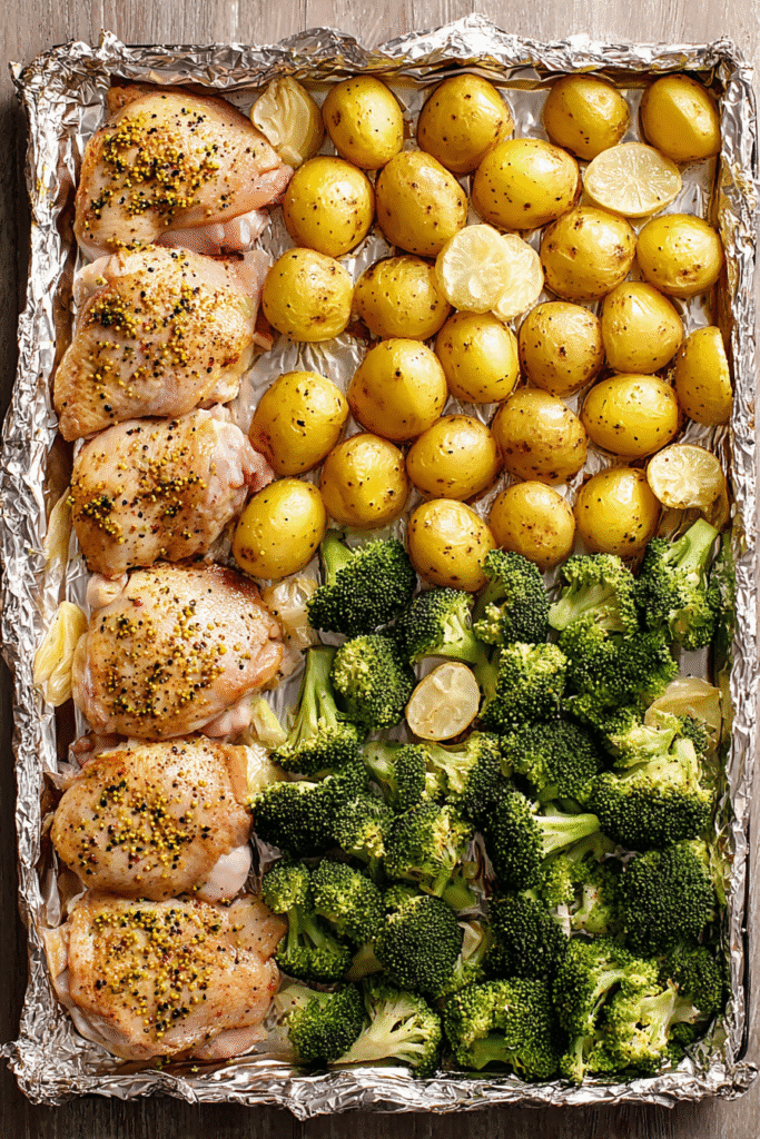 Raw lemon garlic chicken thighs with broccoli and potatoes on sheet pan