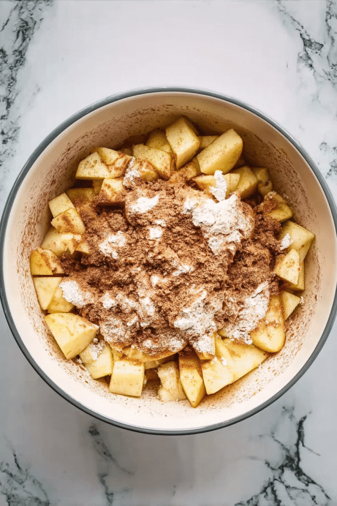 Chopped apples mixed with flour, sugar, and cinnamon for simple apple crumble.