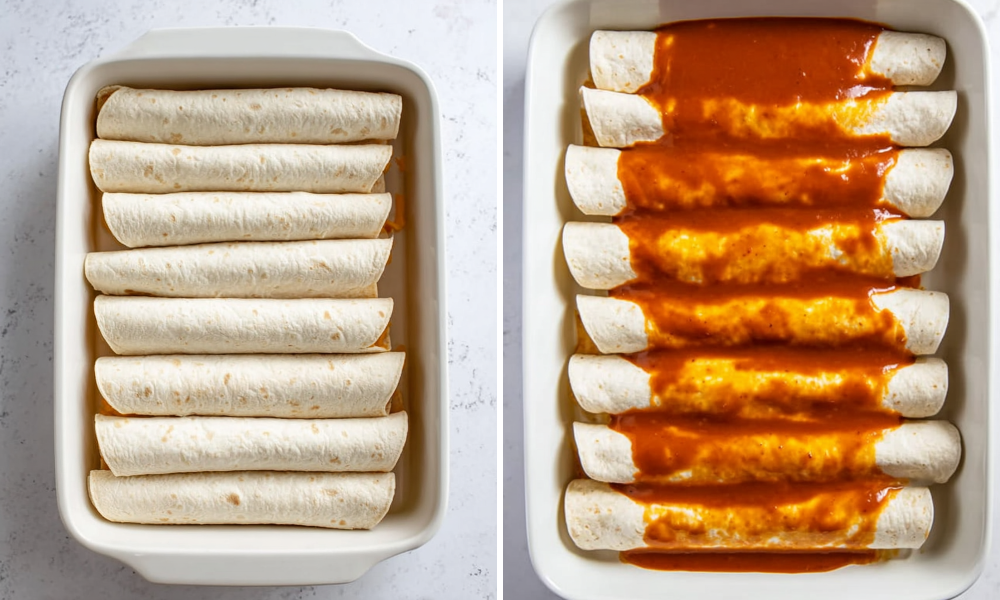 Side-by-side images of beef enchiladas in a baking dish, rolled tortillas on the left and covered with red enchilada sauce on the right.