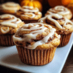Pumpkin cinnamon roll muffin topped with cream cheese icing and cinnamon sugar, styled on a plate with warm autumn tones.