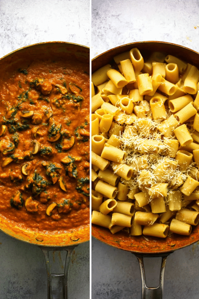 Pumpkin pasta sauce in skillet with spinach and mushrooms, followed by cooked rigatoni added on top.