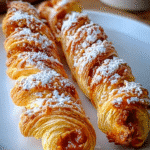 Pumpkin pie twists on a white ceramic plate, made with golden puff pastry and powdered sugar for a warm autumn treat.