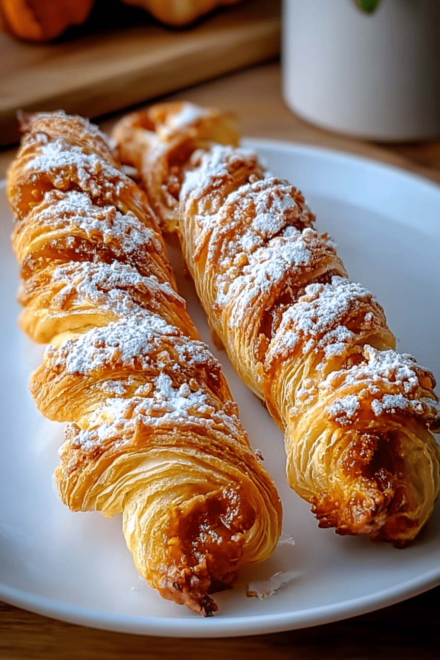 Pumpkin pie twists on a white ceramic plate, made with golden puff pastry and powdered sugar for a warm autumn treat.