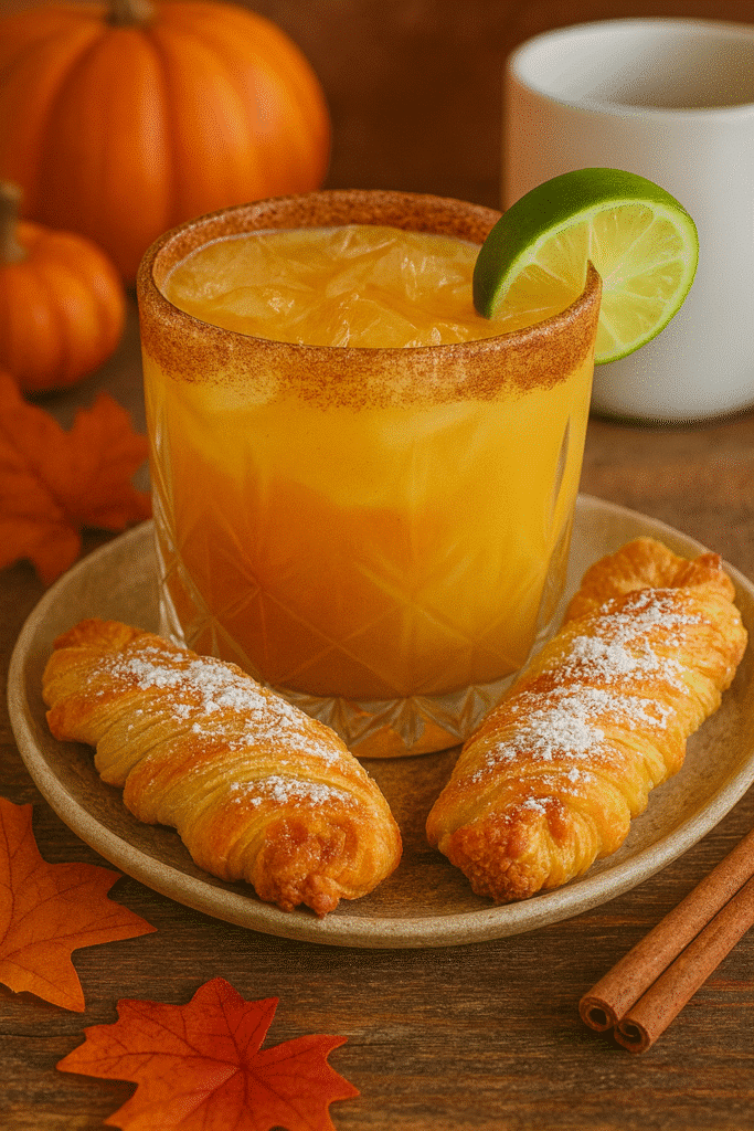 Pumpkin pie twists served with a spiced autumn drink, garnished with cinnamon sticks, pumpkins, and fall leaves on a rustic table.