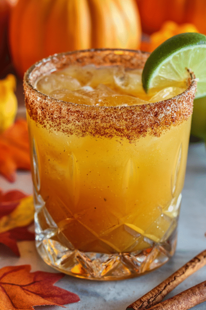 Pumpkin Spice Margarita with cinnamon sugar rim, lime wedge, and cinnamon stick served in a crystal glass for fall cocktails.