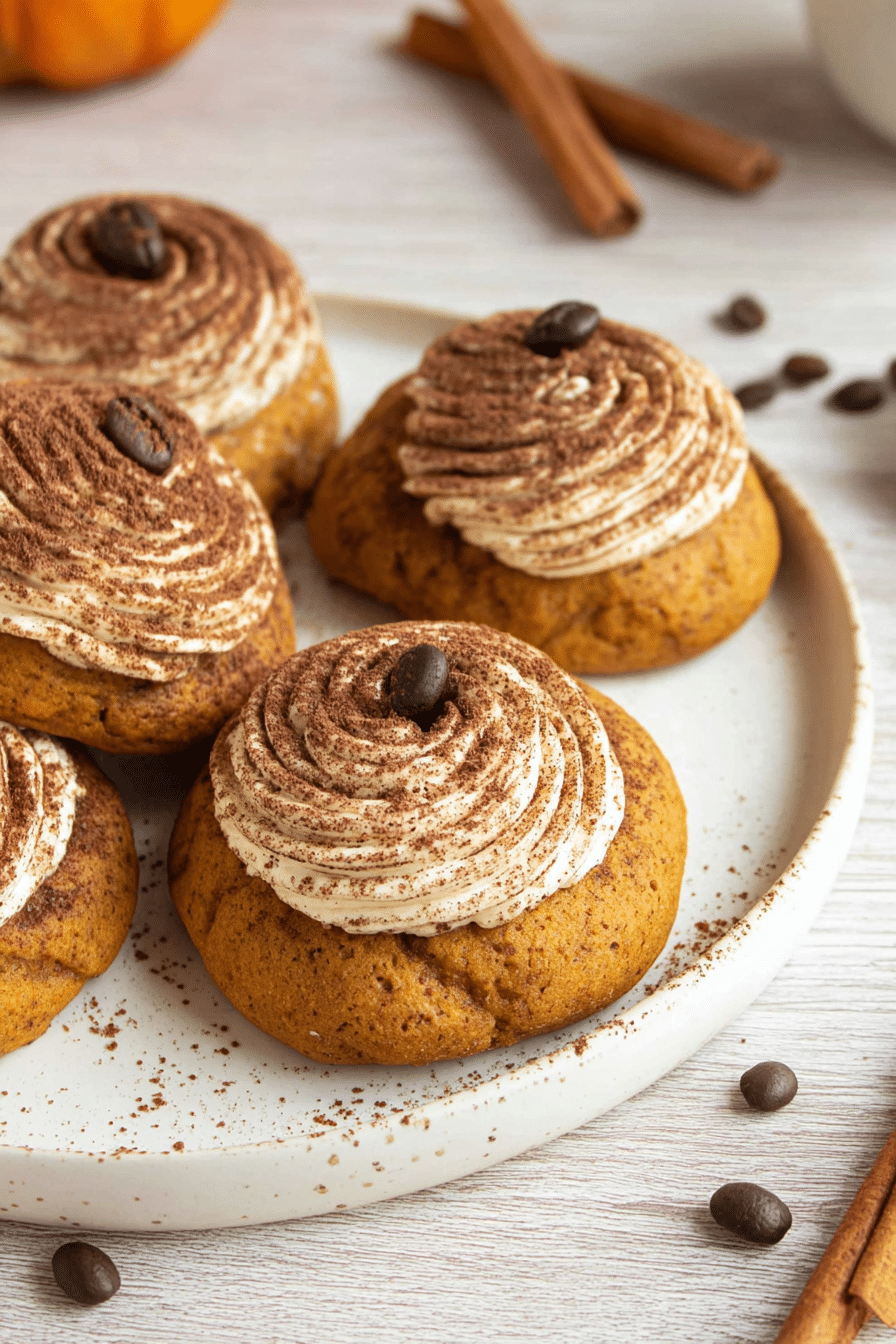 Pumpkin tiramisu cookies topped with creamy frosting, cocoa powder, and coffee beans on a white plate.