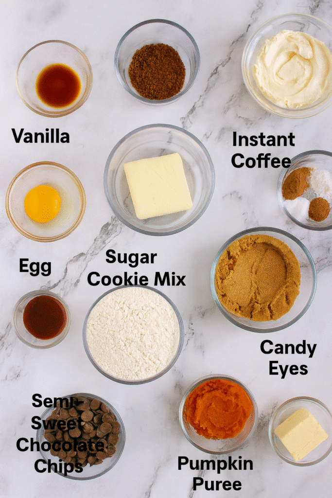 Flat lay of pumpkin tiramisu cookie ingredients including pumpkin purée, sugar, butter, egg, chocolate chips, instant coffee, and spices on marble background.