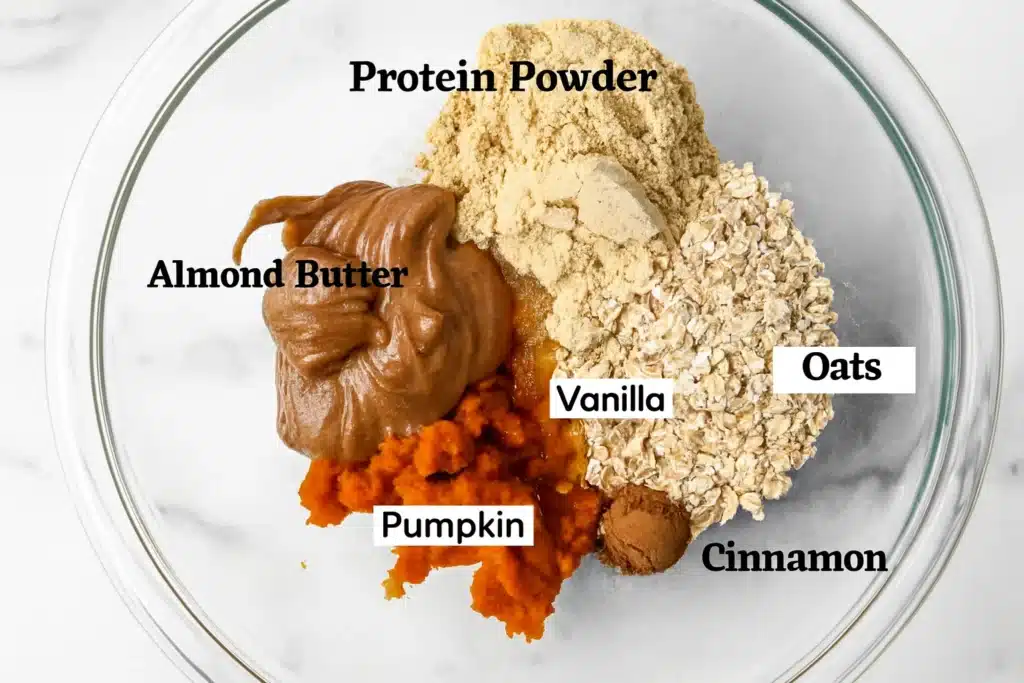 pumpkin protein balls ingredients in glass bowl almond butter pumpkin oats protein powder cinnamon vanilla