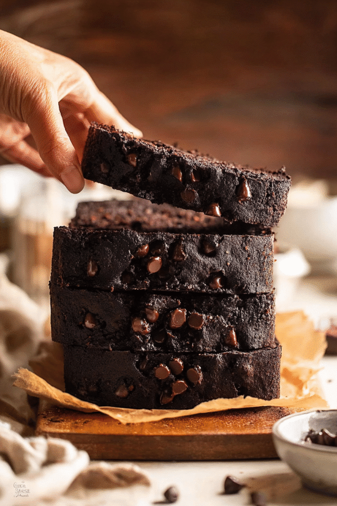 Hand lifting a slice of moist chocolate pumpkin bread stacked with melty chocolate chips.